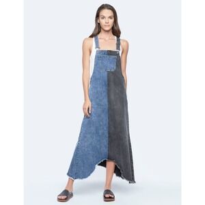 Wash Lab Pieced Denim Jumper Dress Colorblock Raw Hem Asymmetric Blue Black M
